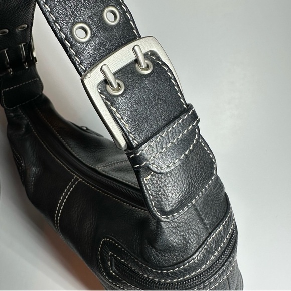 Tignanello Shoulder Bag Black Genuine Leather Pebble Purse Y2K Moto Classic - Picture 8 of 14